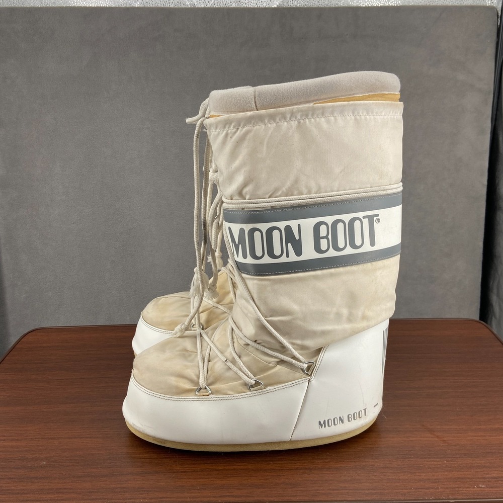 Moon Boot The Original Icon Mens US 11.5 Snow Beige White Nylon Knee High Winter